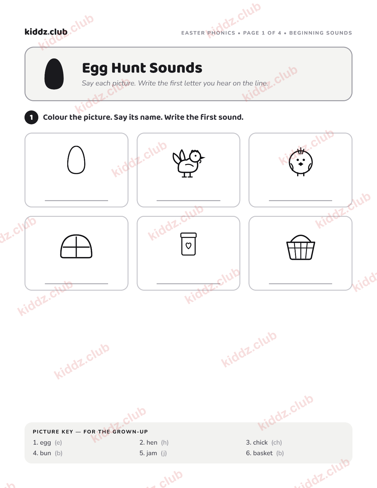 Preview of the free printable Easter phonics worksheet from Kiddz.club